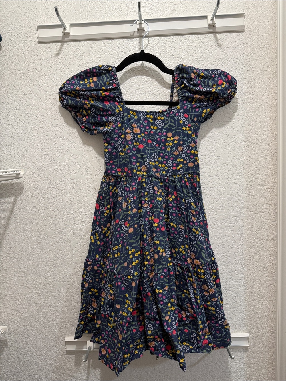 Girls Navy Floral Puff-Sleeve Square-Neck Dress